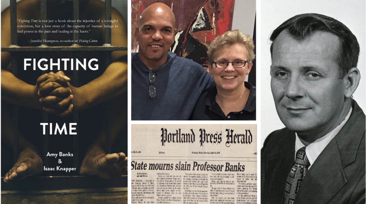 Fighting Times book cover; Co-authors Isaac Knapper and Amy Banks; Portland Press Herald Clipping from 1979; and Professor Ronald Banks